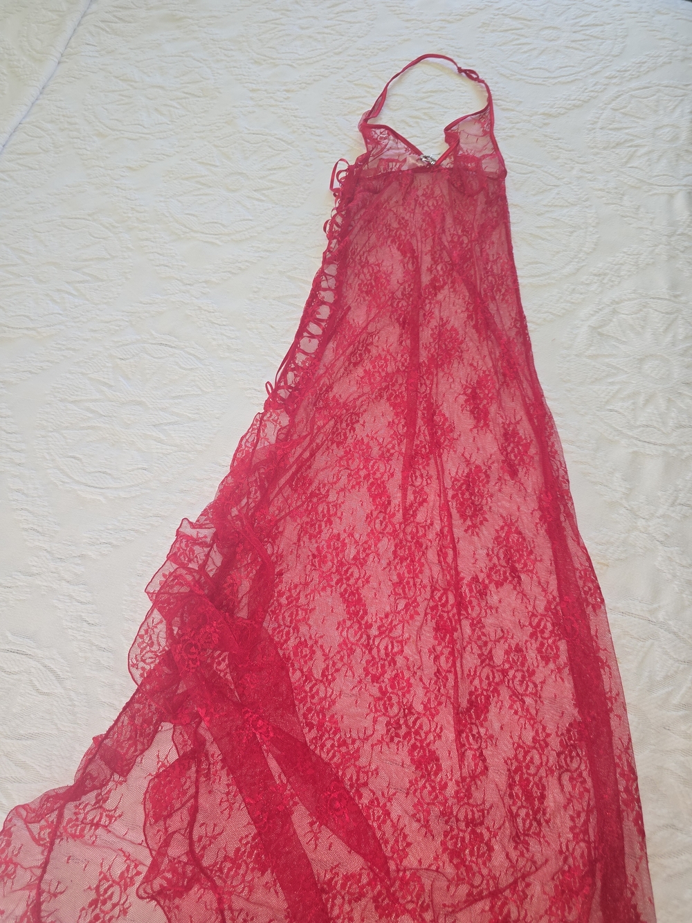 Frederick's of Hollywood Hot Pink Lace Halter Chemise with Side Lace-Up